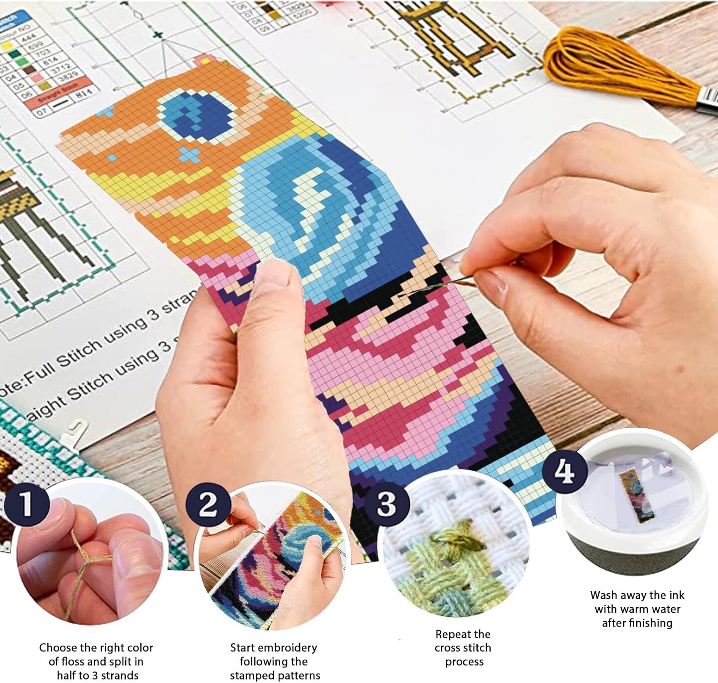 6PCS Cosmic Planet Cross Stitch Bookmark Kit – Beginner-Friendly DIY Stamped Embroidery for Adults, Handcrafted Bookmarks with Instructions