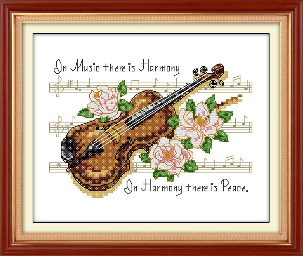 Stamped Cross Stitch Kit – “Music: There is Harmony, Harmony There is Peace” 11CT DIY Embroidery, Violin Design, 12.5×9.4 Inch