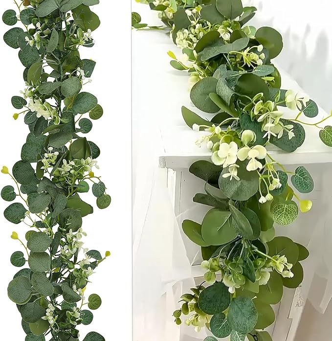 2 Pack Artificial Eucalyptus Garland 5.9FT Spring Greenery Garland Decor Summer Faux Silver Dollar Hanging Eucalyptus Greenery Vines for Home Table Mantle Wedding Party Indoor Outdoor