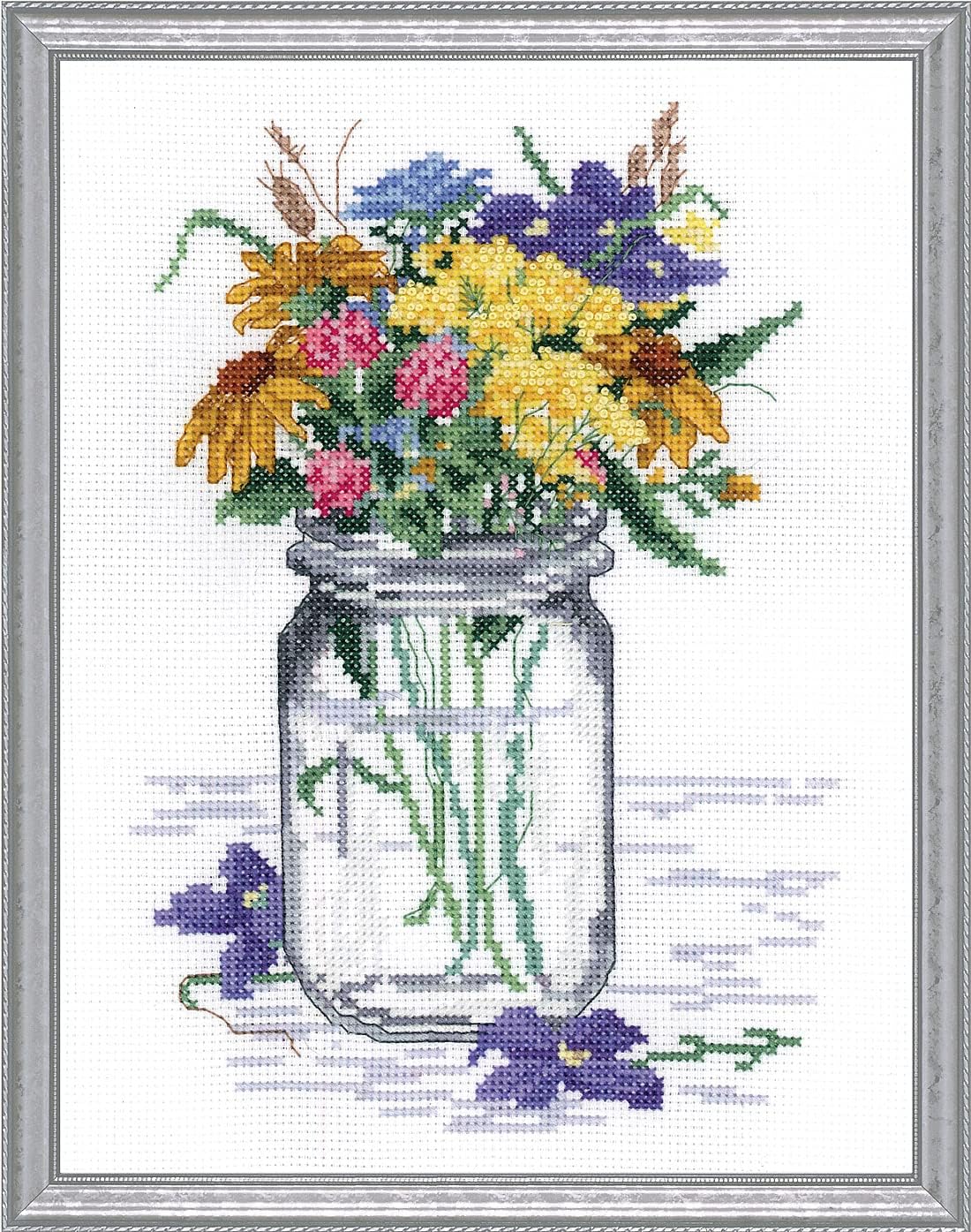Wildflower Jar Counted Cross Stitch Kit – 14CT Aida Fabric Embroidery Kit with Cotton Floss, Needle, Pattern & Instructions, DIY Floral Needlepoint Craft, 8x10 Inch