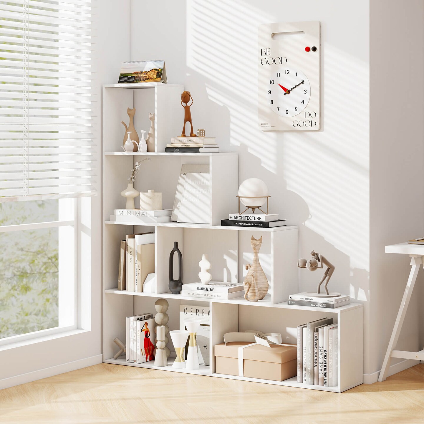 Costway 6 Cubes Ladder Shelf Freestanding Corner Bookshelf Storage Bookcase Display Rack