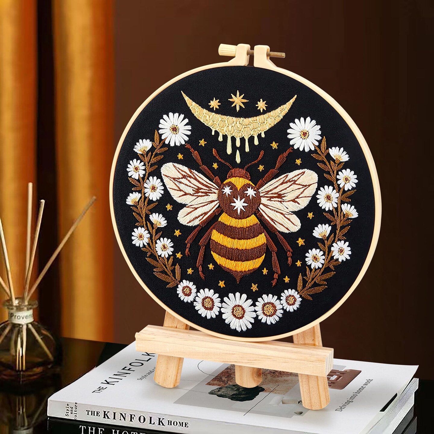 Hand Embroidery Starter Kits for Beginners Adults, Counted Stamped Cross Stitch Kit for Beginners Adults, Embroidery Needlepoint Kit with Moth Flower Pattern, 3 Hoops (Attached Teaching Video QR Code)