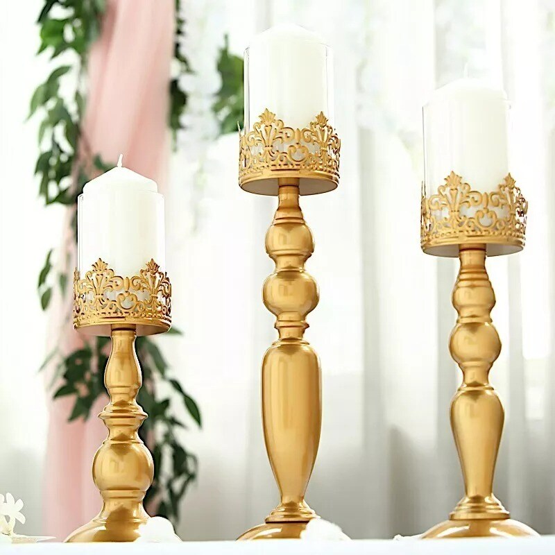 3 pcs 12" 14" 17" tall Gold Lacy Trim Metal Glass Candle Holders Centerpieces