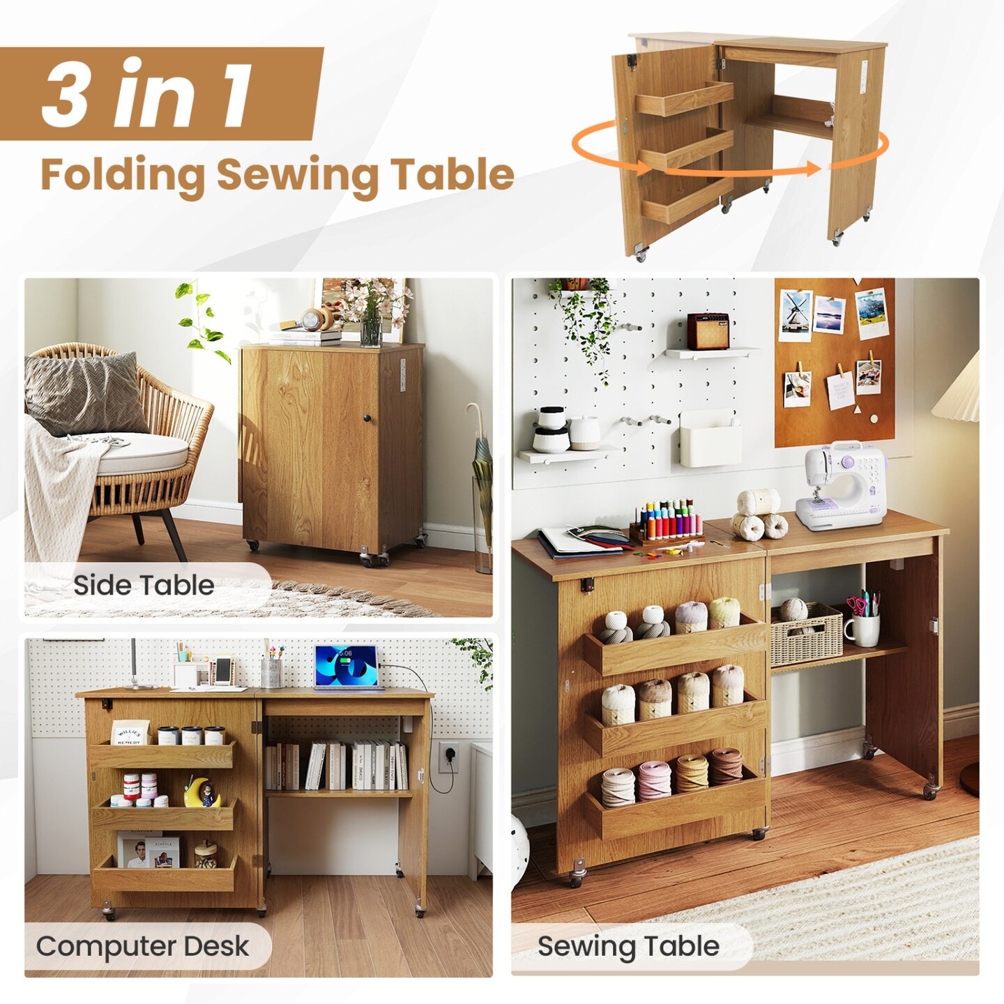 Portable Sewing Machine Table with USB Charging Station Storage Shelves Folding Craft and Study Desk on Wheels