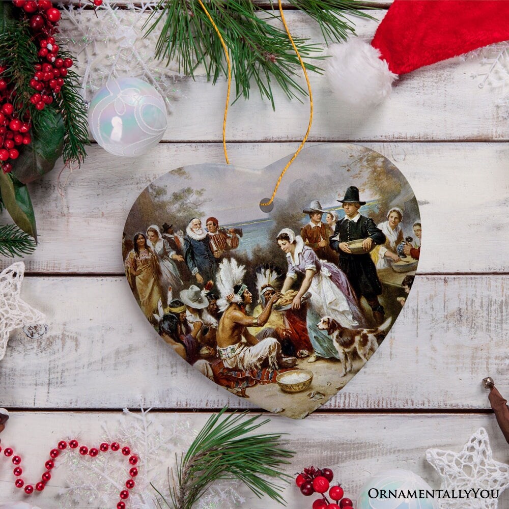 The First Thanksgiving Painting Vintage Ornament, Pilgrims and Native Americans Harmony