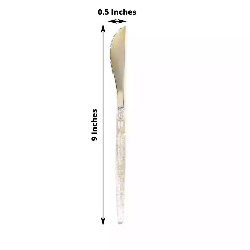 24 Clear 9&#x22; Plastic Knives Gold Glittered Handle Disposable Wedding Tableware