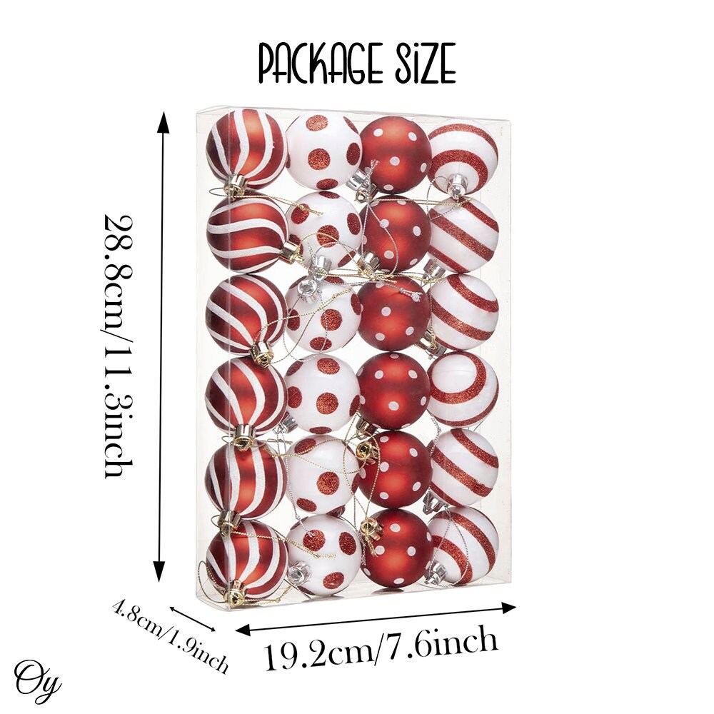 Polka Dot and Candycane Color Style Ornament Ball Bundle, Set of 24 Red and White Patterned Christmas Baubles