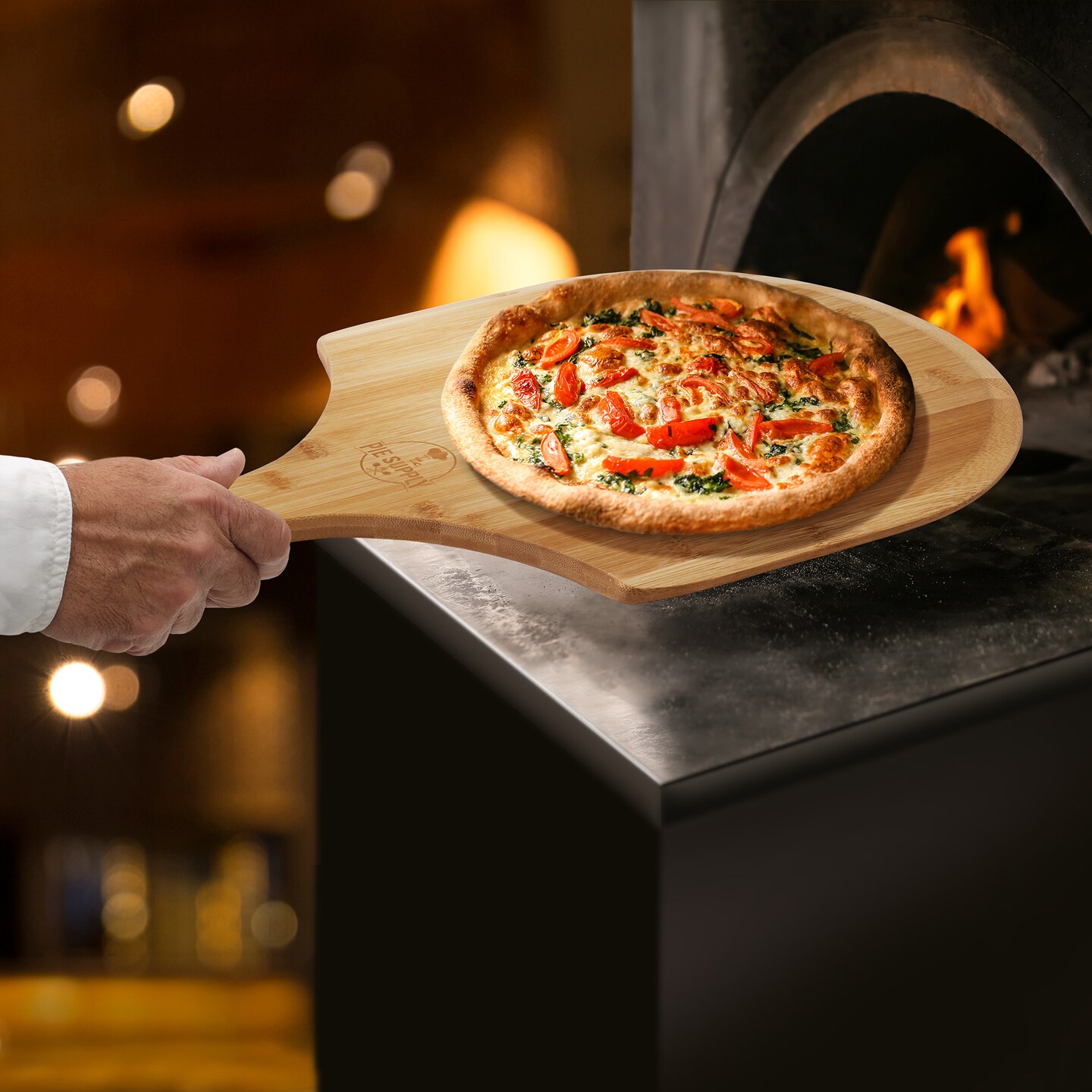 Pie Supply Bamboo Pizza Peel, Wooden Paddle Cutting Board with Handle for Pizza, Bread, Fruit, Vegetables, Cheese