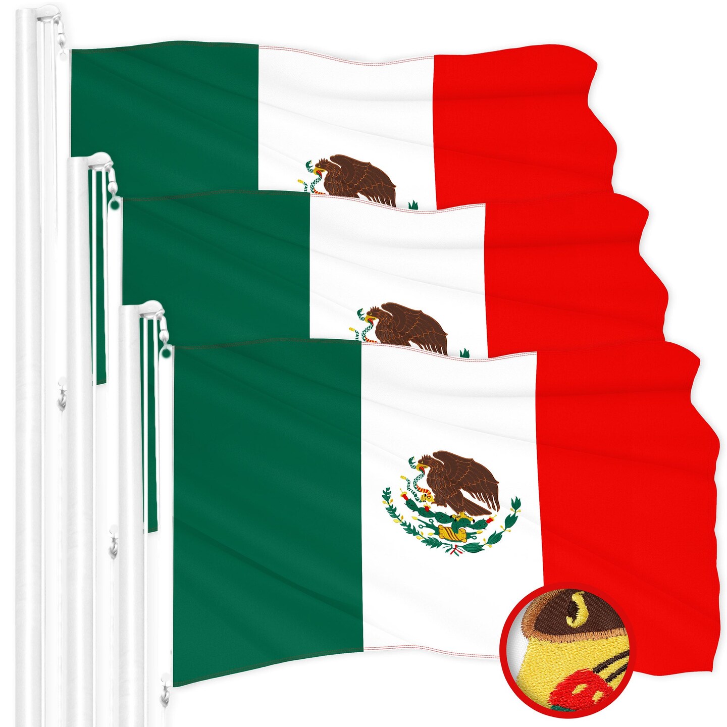 G128 3 Pack: Mexico Mexican Flag | 1x1.5 Ft | ToughWeave Series Embroidered 300D Polyester | Country Flag, Embroidered Design, Indoor/Outdoor, Brass Grommets