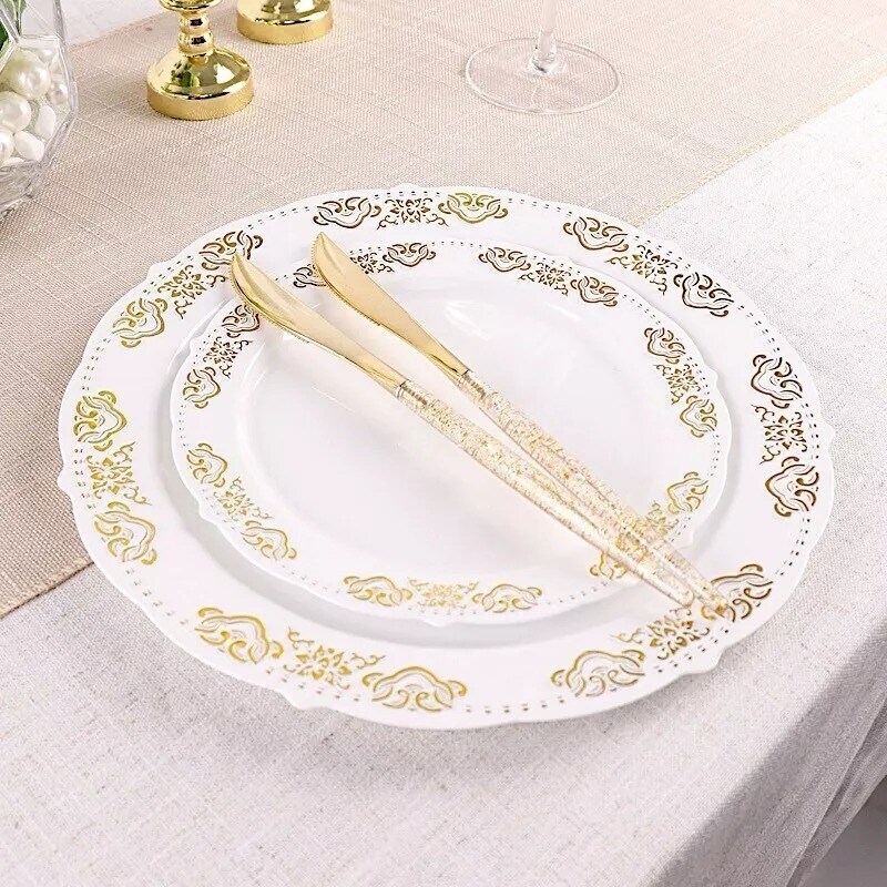 24 Clear 9&#x22; Plastic Knives Gold Glittered Handle Disposable Wedding Tableware