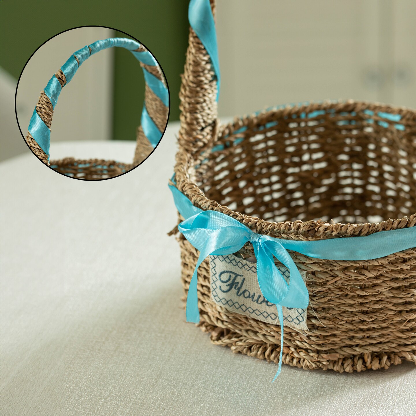 Wickerwise Small Seagrass Wicker Picnic Basket with Handle - Versatile Gift Basket with Blue Ribbon for New Year and Other Occasions, Garden and Home Decor, Natural Wicker Basket and Storage Solution