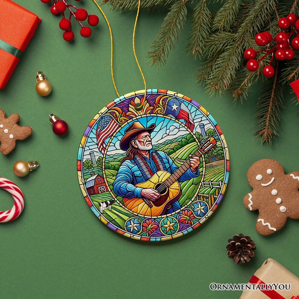 Country Outlaw Texas Melody Ceramic Ornament, Vintage Stained Glass Style Cowboy Music and Guitar Gift