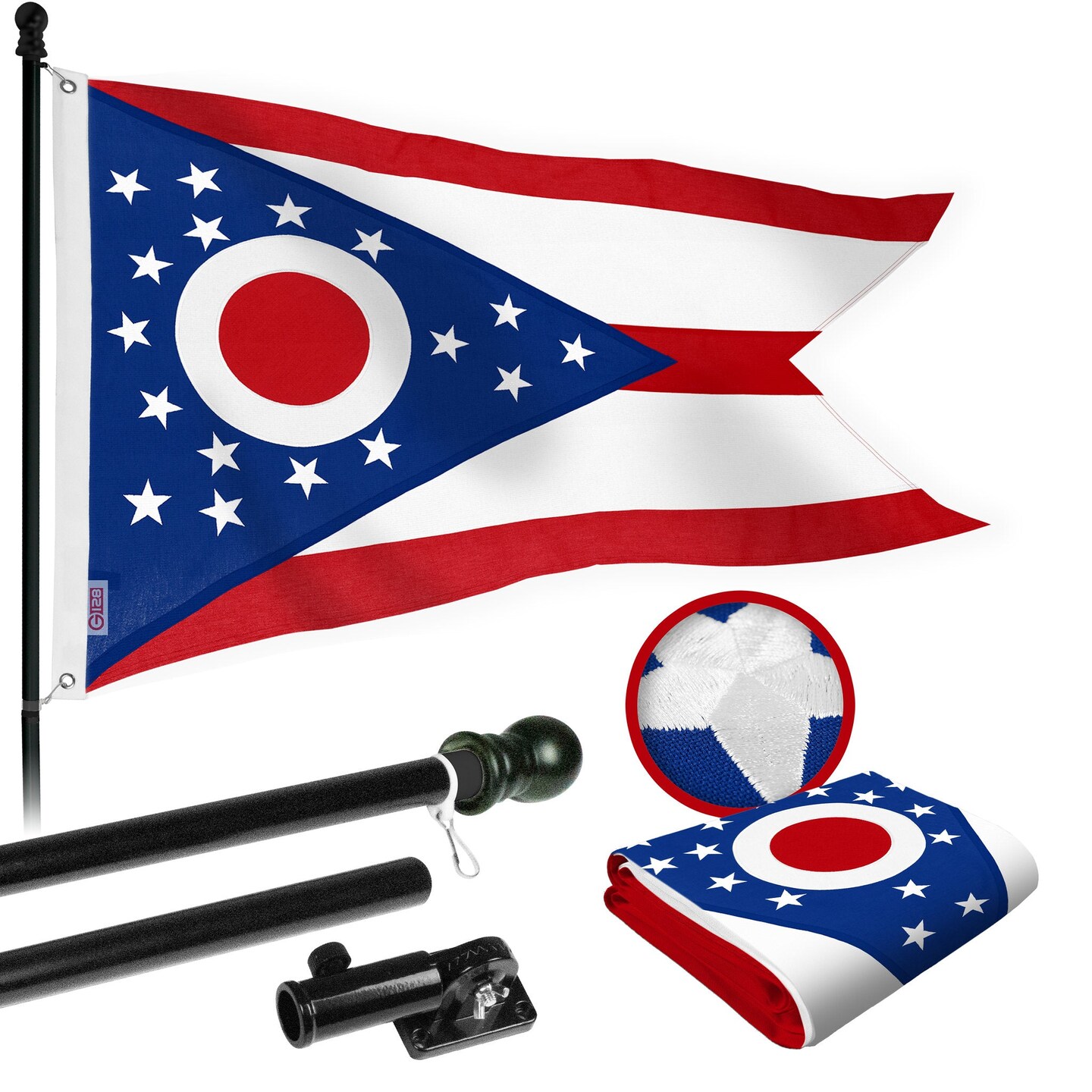 G128 Combo Pack: 5 Ft Tangle Free Aluminum Spinning Flagpole (Black) &#x26; Ohio OH State Flag 2x3 Ft, StormFlyer Series Embroidered 220GSM Spun Polyester | Pole with Flag Included