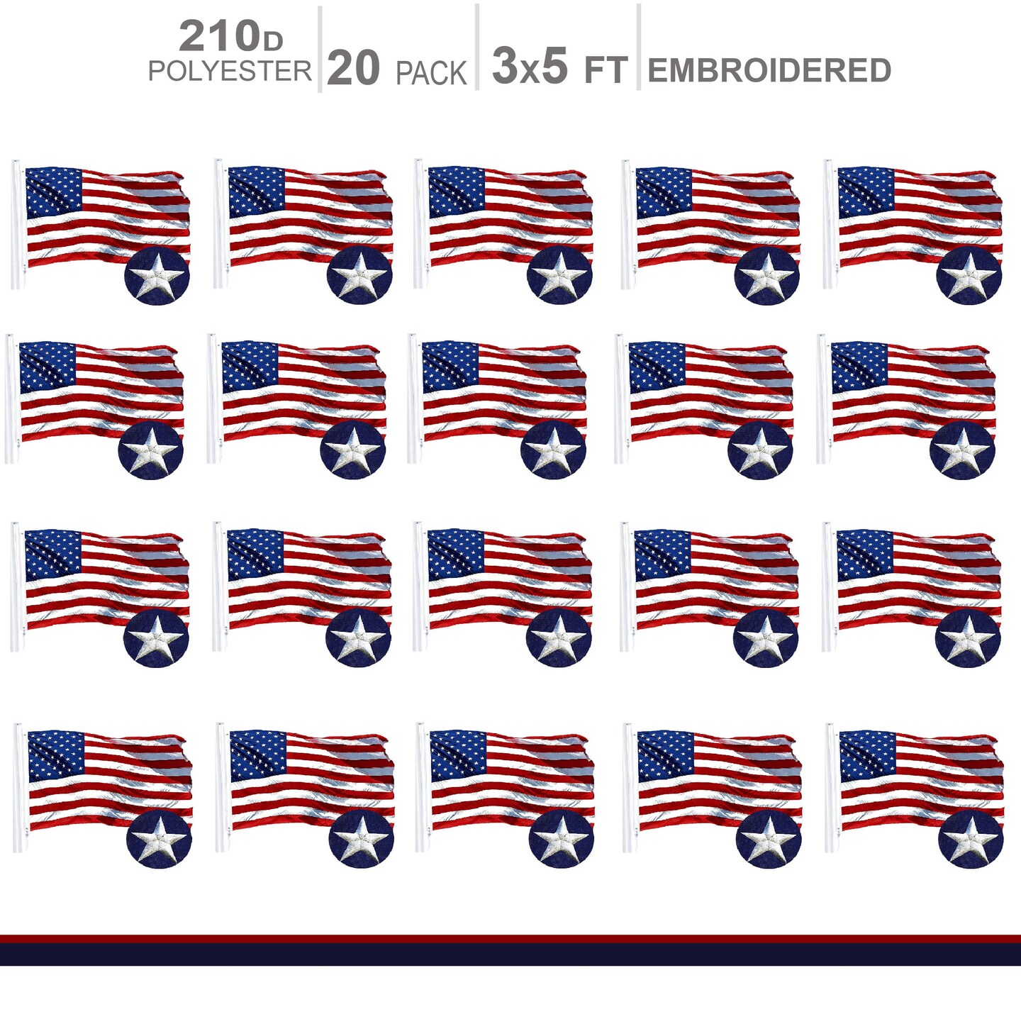 MULTI PACK: American Flag 210D Embroidered Polyester 3x5 Ft  - 20 PACK
