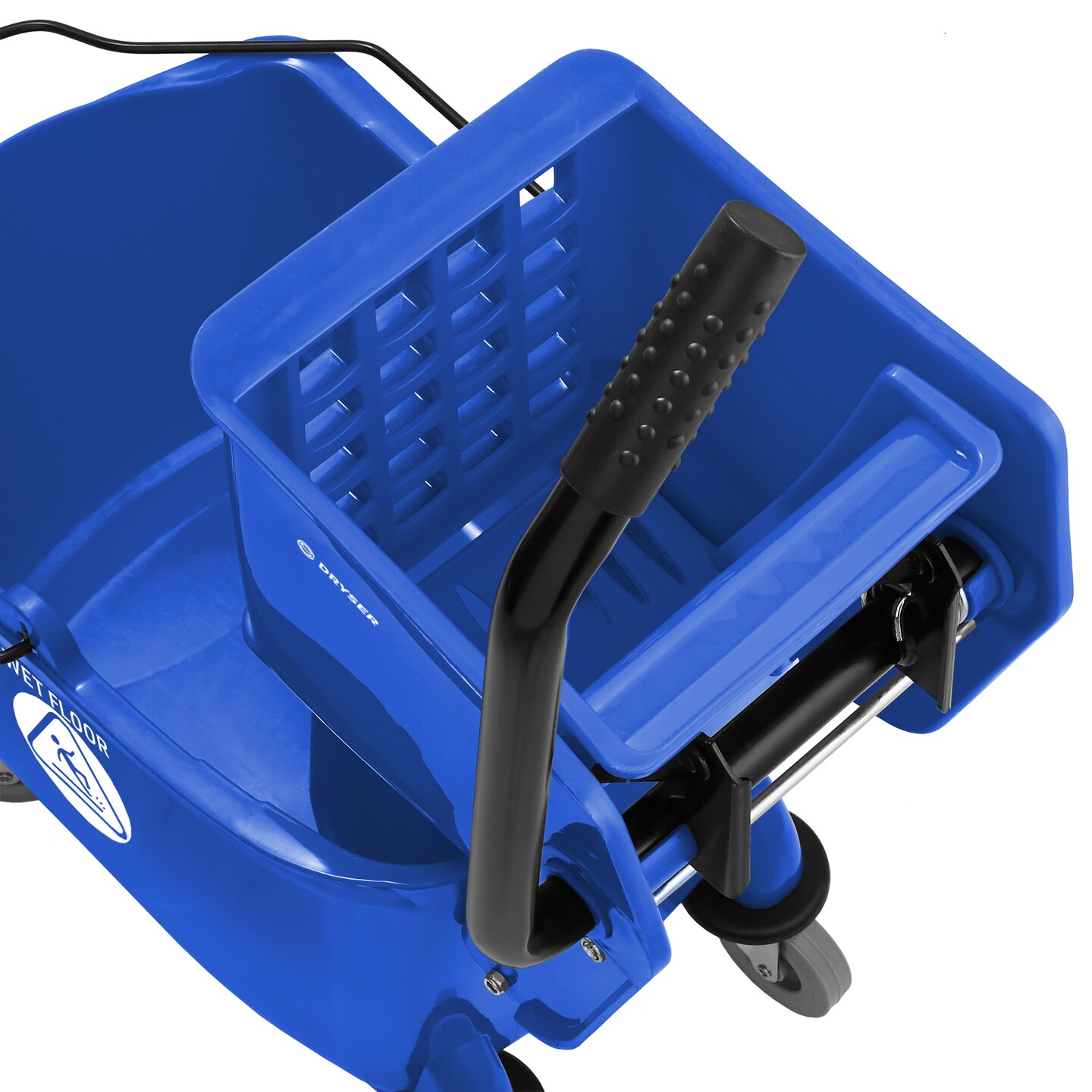 Dryser Commercial Janitorial Cleaning Cart on Wheels with Shelves and Vinyl Bag &#x26; Commercial Mop Bucket with Side Press Wringer, 26 Qt. Blue