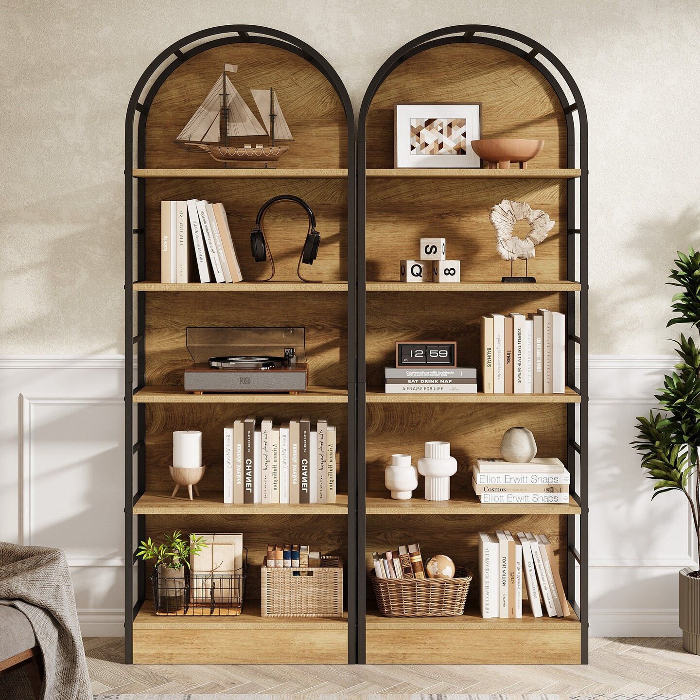 Arched 5 Tier Bookshelf Wood Metal Bookcase Storage Shelf Freestanding Display Rack for Living Room Bedroom Office