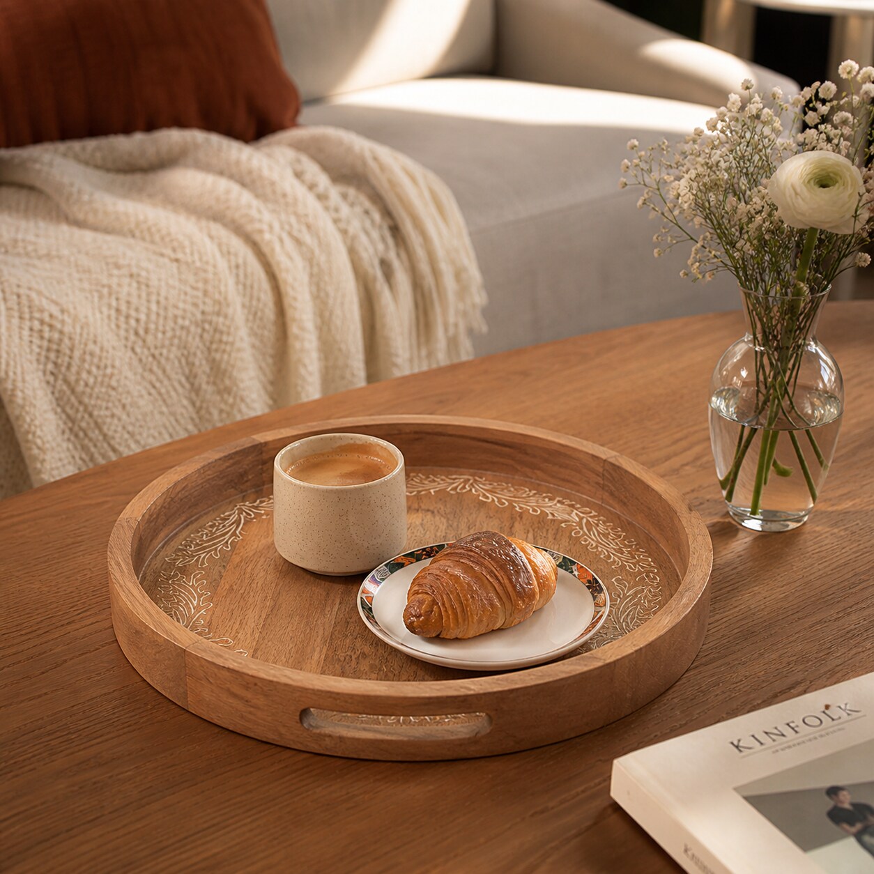 Handcrafted Round Wooden Serving Tray – Rustic Engraved Decorative Tray| Set of 2