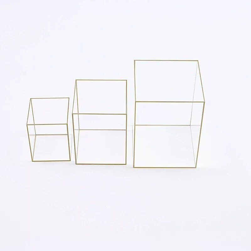 3 Clear Gold Acrylic with Metal Frame Pillar Candle Holders Party Decorations
