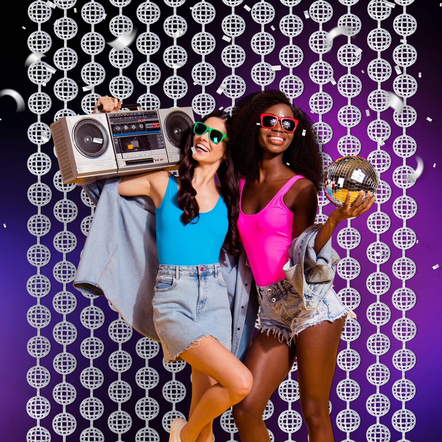 MENSTARSI Disco Party Decorations, 2 Pack Disco Ball Photo Booth Props,3.3x6.6 ft Silver Foil Fringe Curtains Photo Backdrop for The 70s &#x26; 80s Last Disco Bachelorette, Decades, Taylor Party Decor