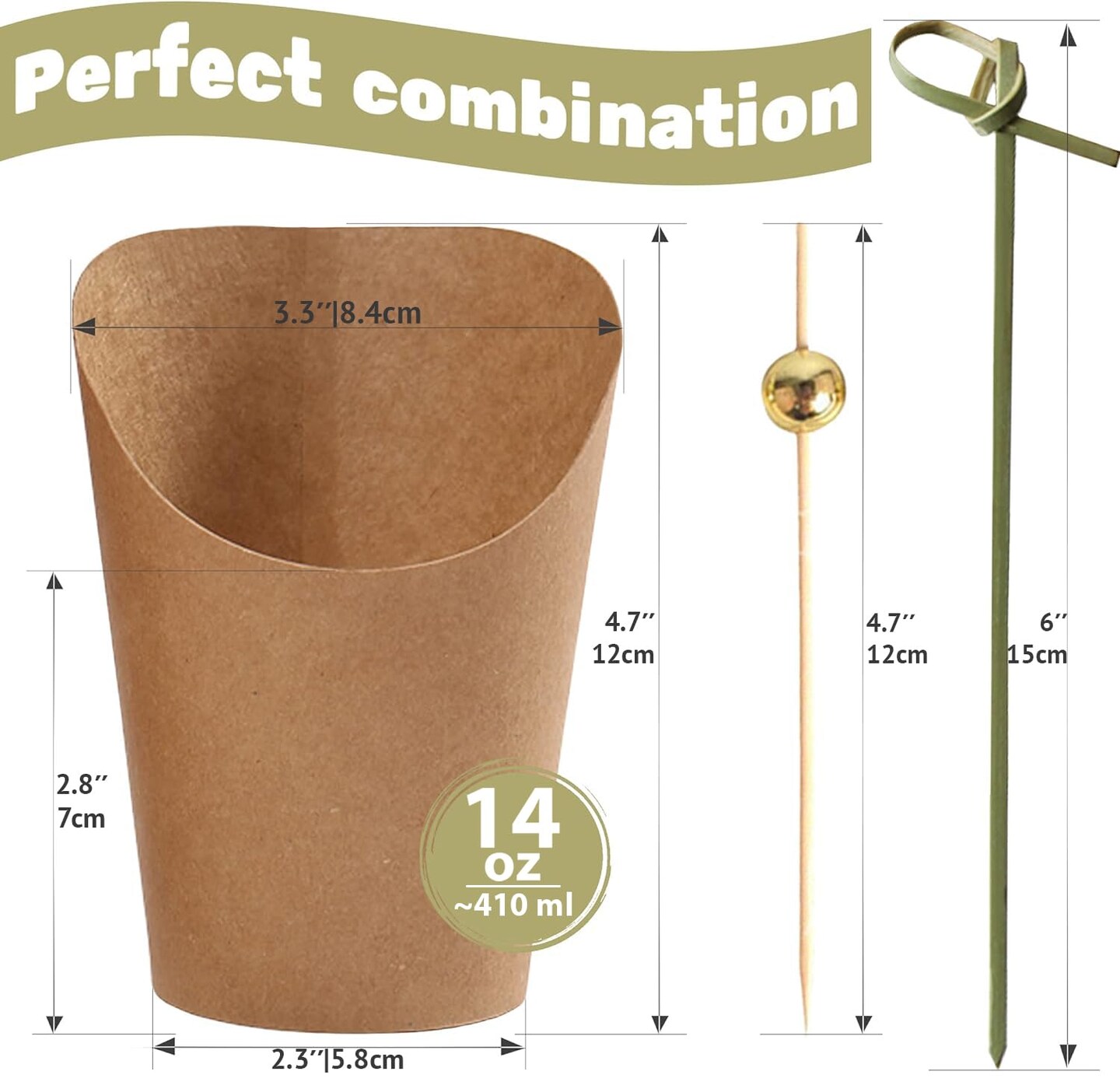 CUSINIUM [50 Cups + 200 Picks] 14 oz Kraft Charcuterie Cups with Cocktail Picks (2 Types) - Disposable Brown Paper Appetizer Cups, Popcorn Boxes