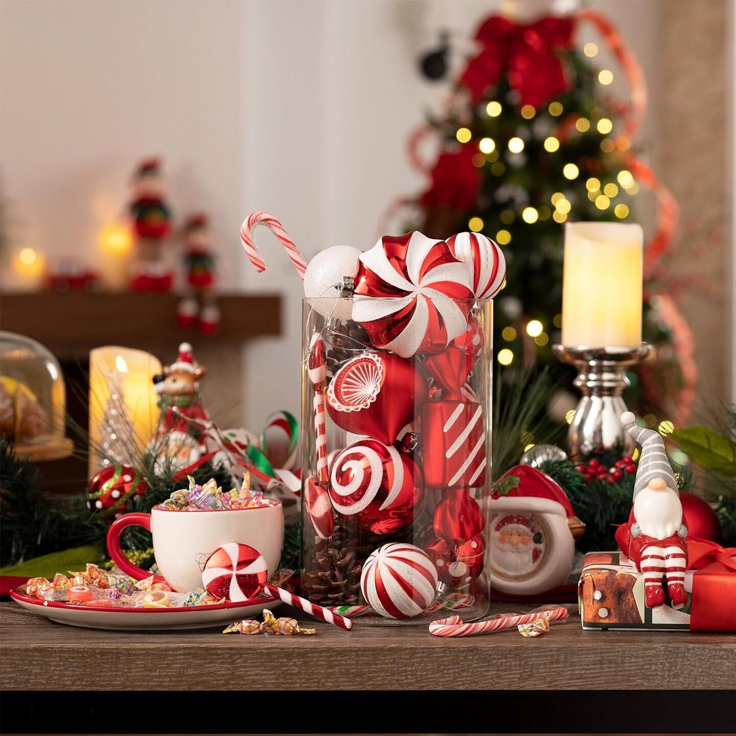 Christmas Ornaments Set, 108Ct Candy Cane Red and White Shatterproof Christmas Tree Decorations Ball Ornaments Bulk, Decorative Hanging Ornaments for Xmas Trees Holiday Party Decor