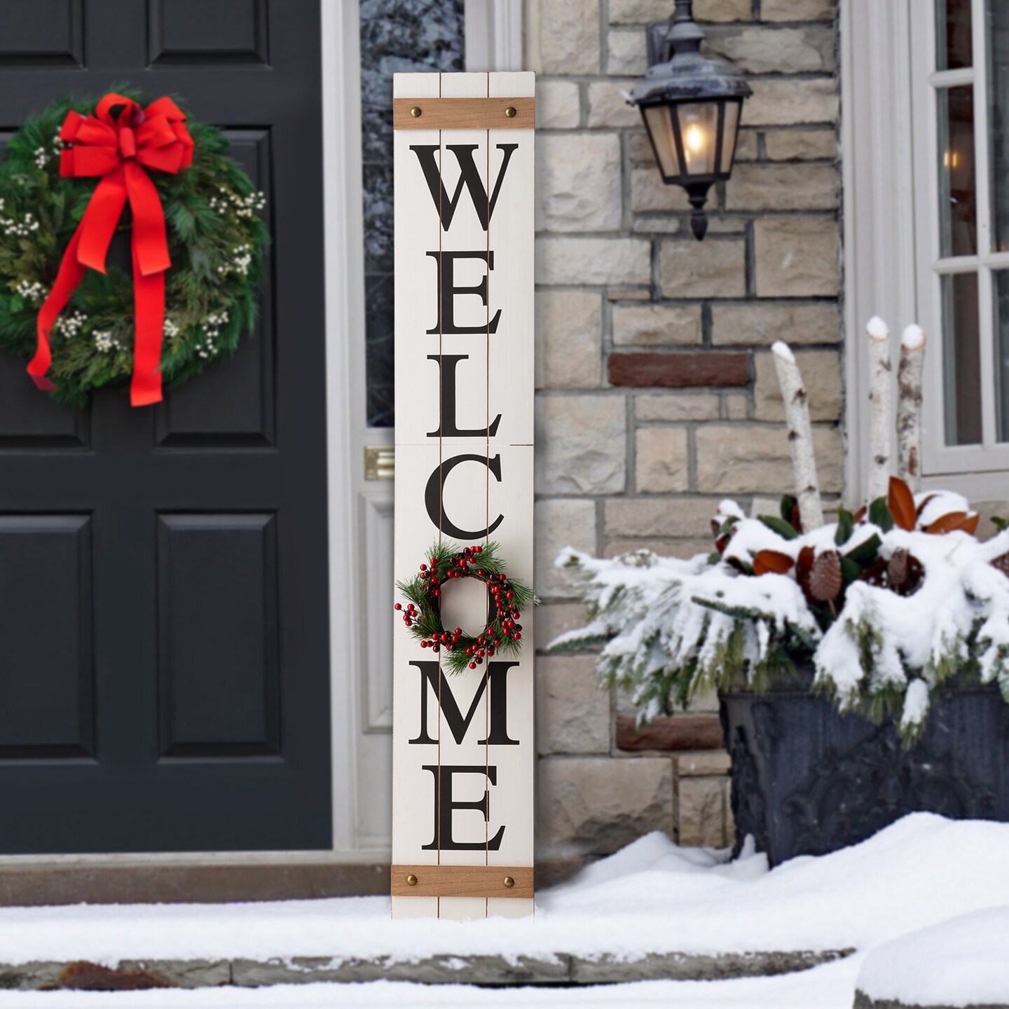 60&#x22;H Wooden Fall Christmas Welcome Porch Sign with 4 Floral Wreaths