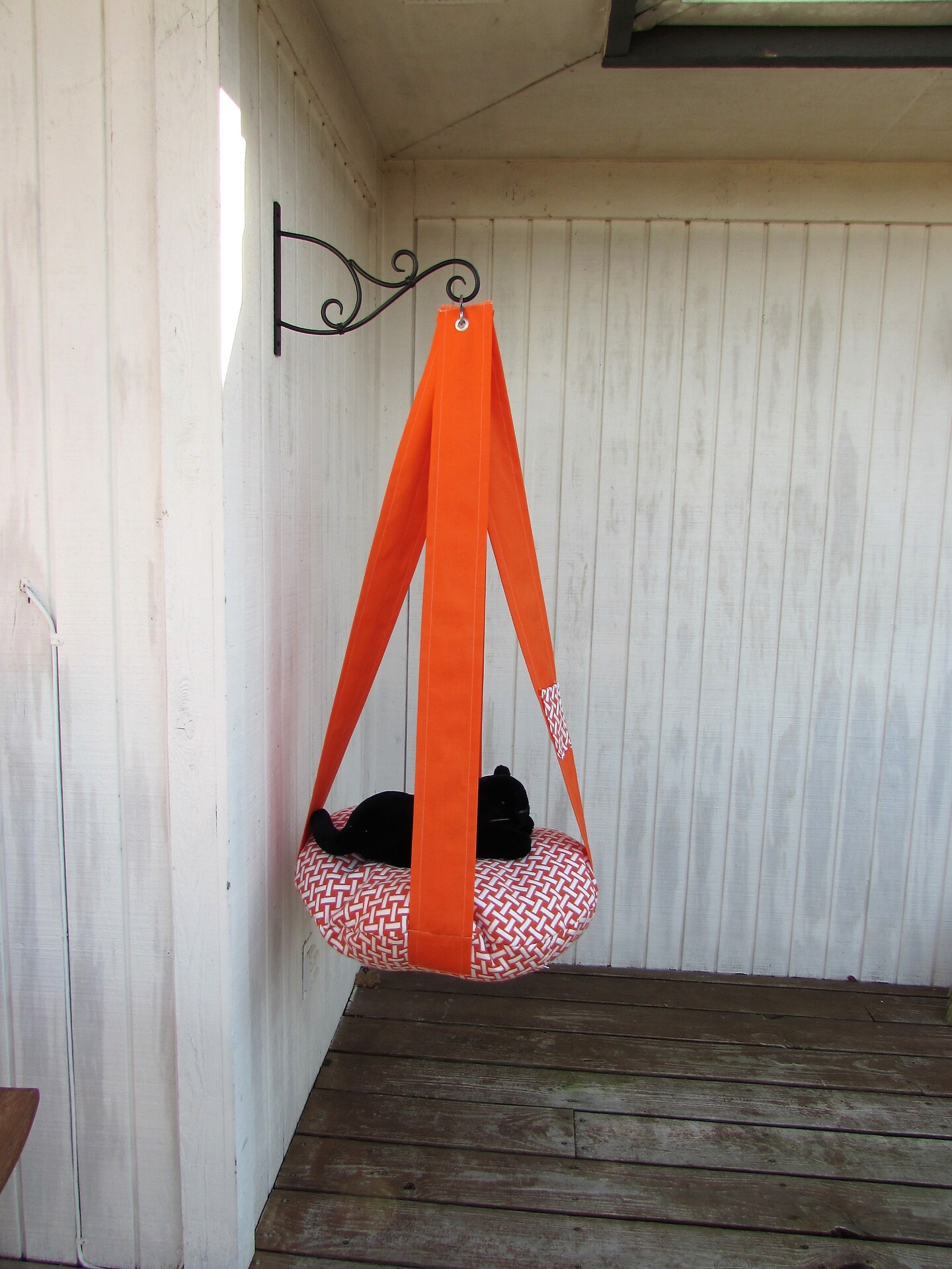 product name is Cat Bed, Beautiful Orange Cream Herringbone Basket Weave, Single Kitty Cloud Hanging Cat Bed