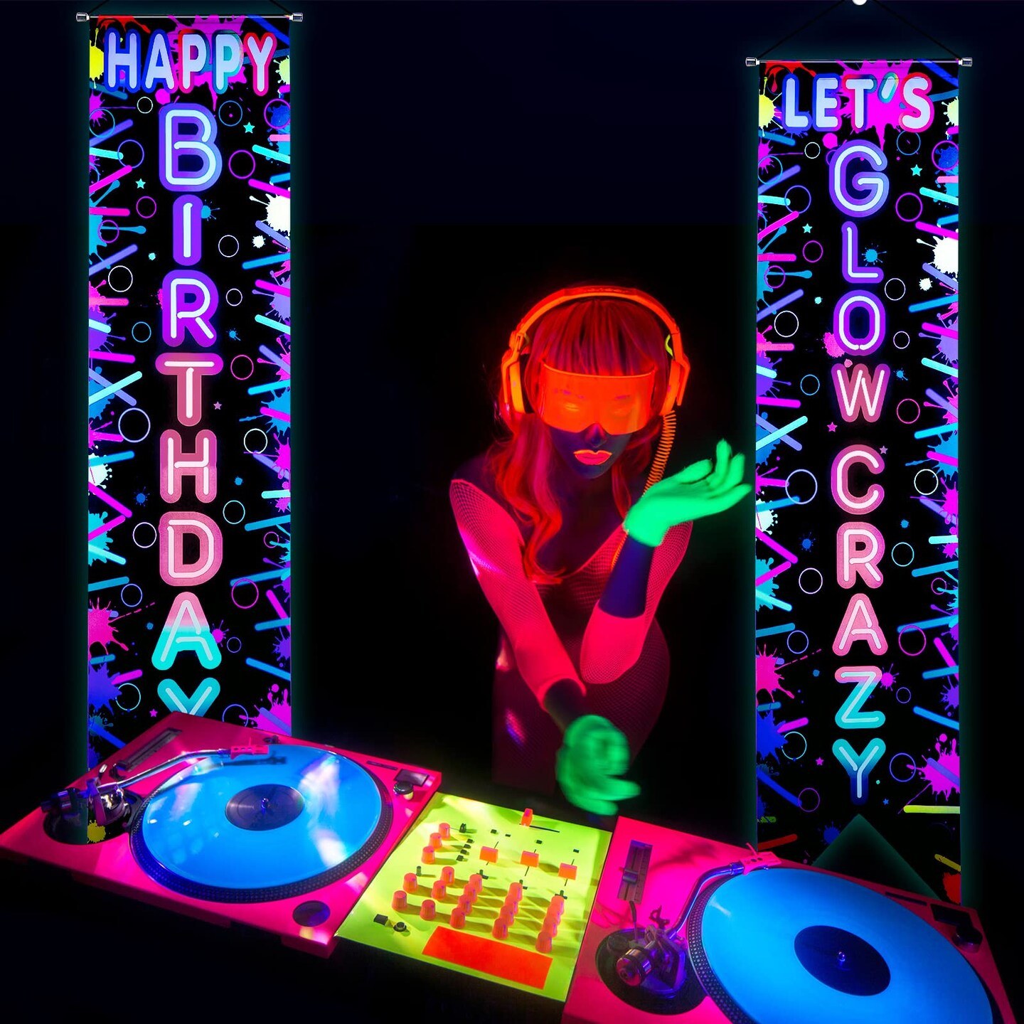 Tegeme Glow in the Dark Party Supplies Neon Happy Birthday Banner Crazy Porch Sign Glow Party Backdrop for Black Light Neon Themed Birthday Party Decorations