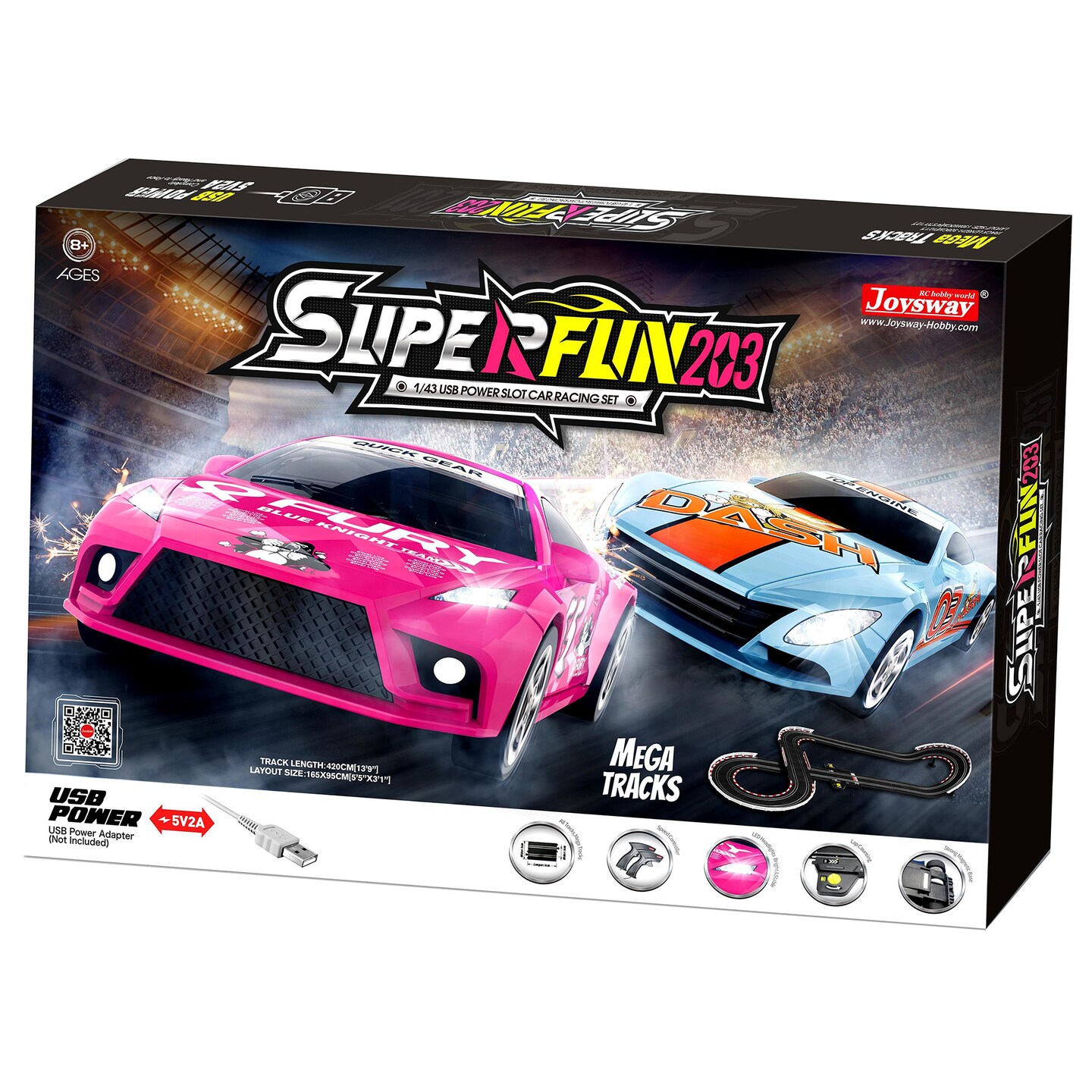 Joysway: SuperFun 203 - 1/43 USB Power Slot Car Racing Set, Layout Size: 65&#x22;x37&#x22;, LED Headlights, Lap Counter, Ages 8+