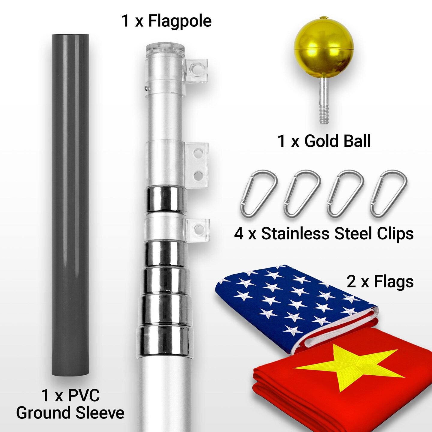 G128 Combo Pack: 25 Ft Telescoping Aluminum Flagpole (Silver) &#x26; American and China Flags 3x5 Ft, Both ToughWeave Series Embroidered Polyester | Pole with Flags Included
