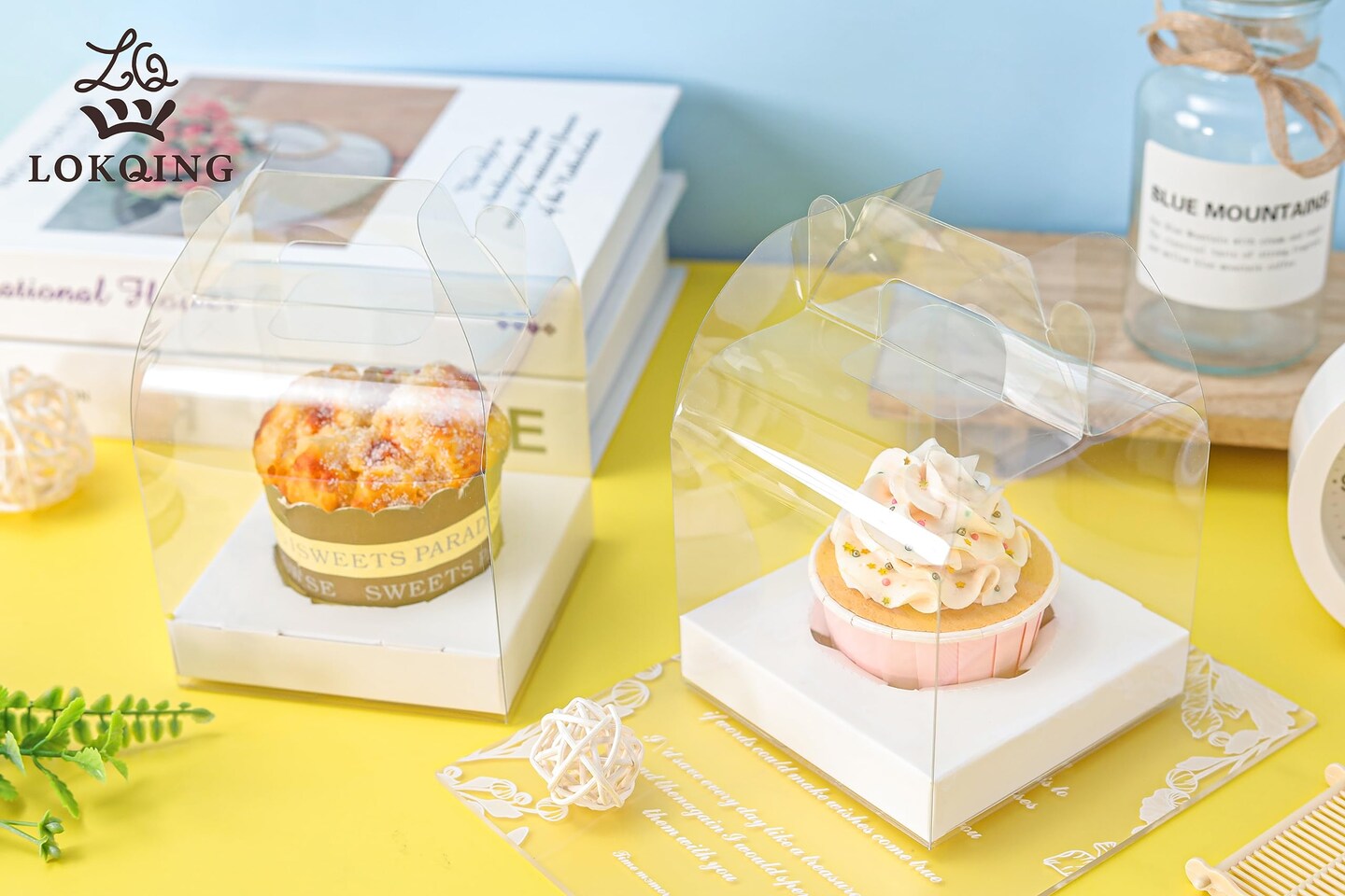 LOKQING 30 PCS Individual Cupcake Containers Single Cupcake Boxes with Handle and Inserts Clear Plastic Favor Boxes