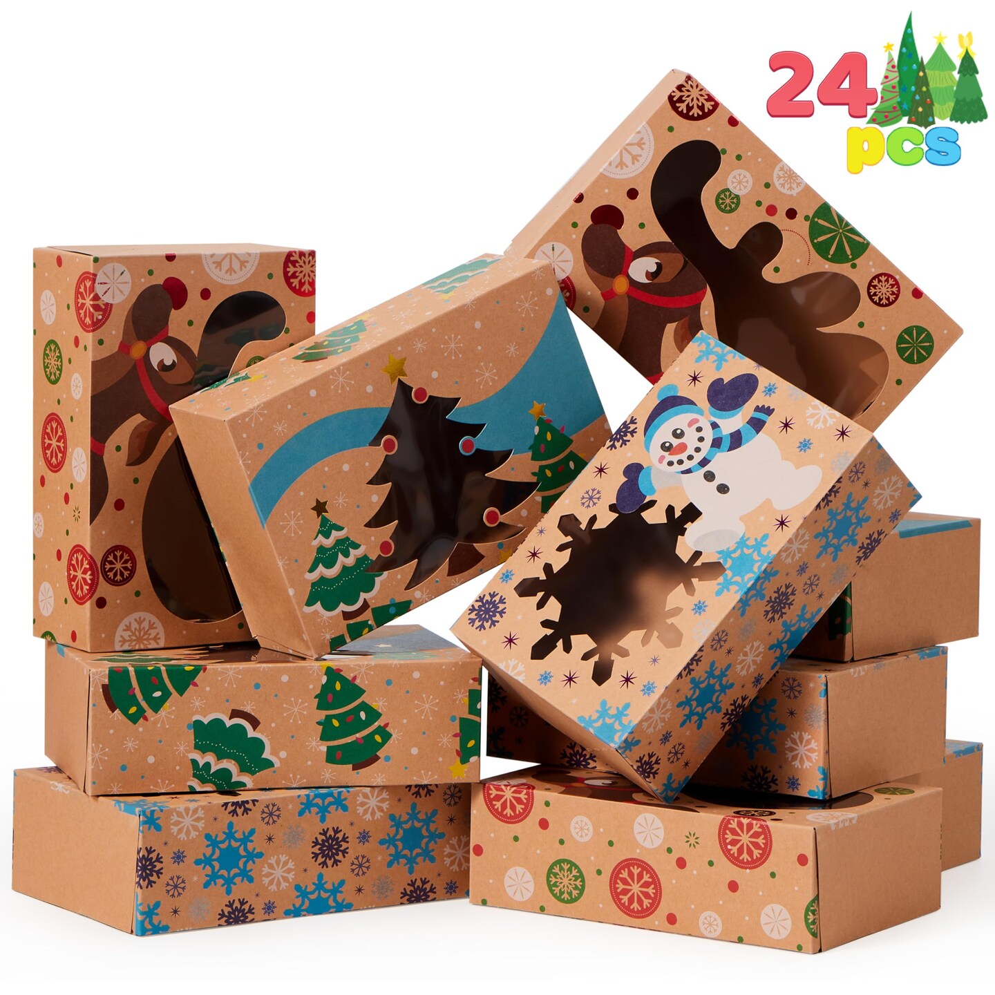 JOYIN 12 Foiled Kraft Christmas Cookie Boxes with Window 8.5&#x22; x 5.75&#x22; x 2.75&#x22;, Treat Boxes with 3 Designs for Pastries, Cupcakes, Brownies, Gift-Giving, Doughnut and Cookie, Brown Kraft Bakery Boxes