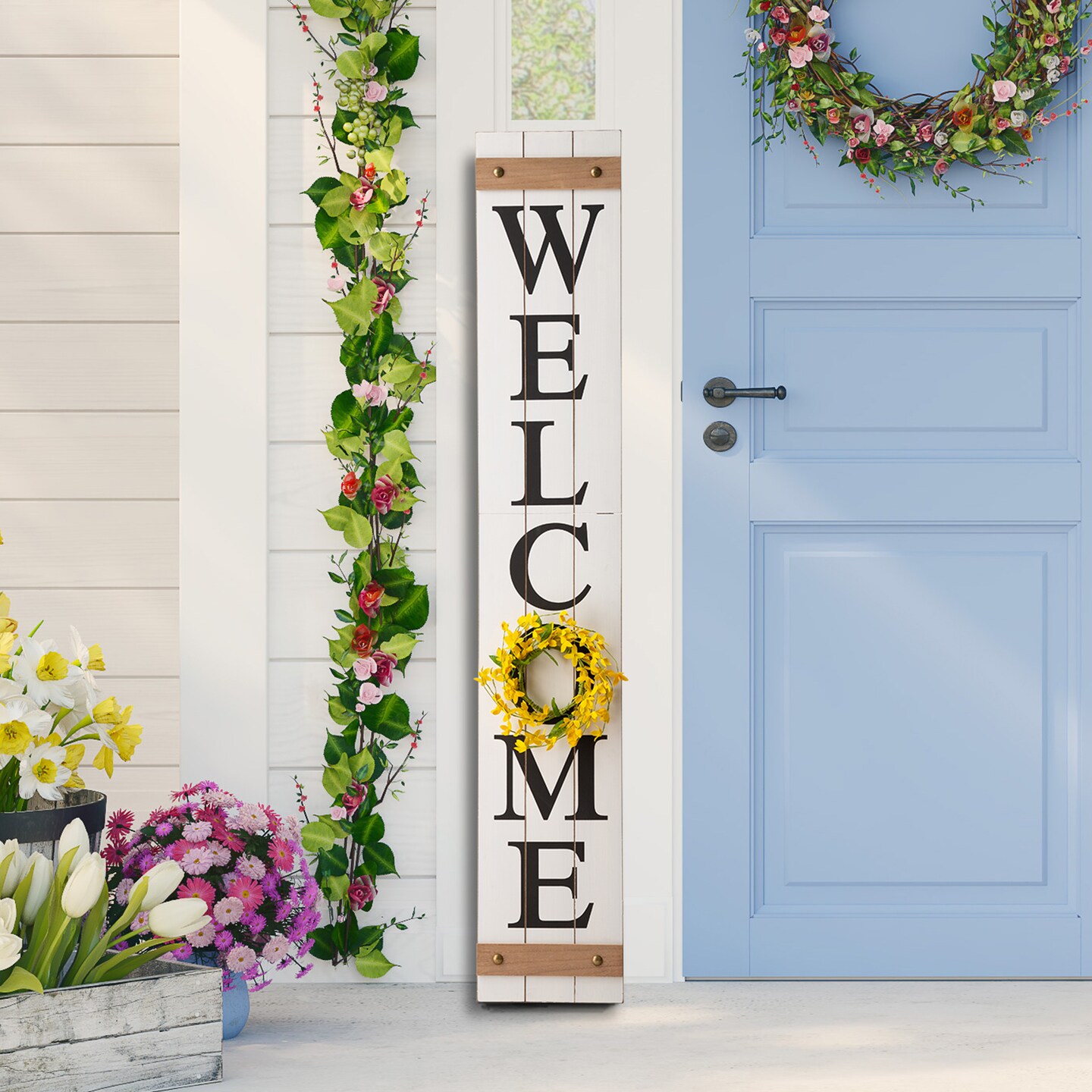 60&#x22;H Wooden Fall Christmas Welcome Porch Sign with 4 Floral Wreaths