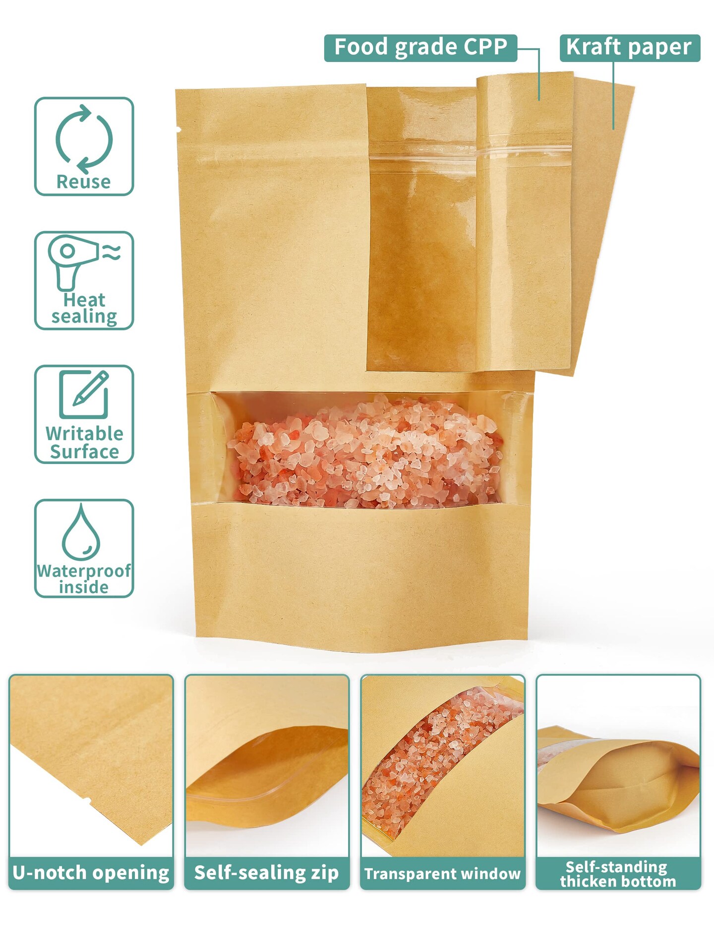 FireKylin 100 Pcs Kraft Paper Bags with Window, 3.5&#x22; x 5.5&#x22; Stand Up Pouches Bags, Zip Lock Food Storage Bags for Packaging Products, Reusable, Sealable