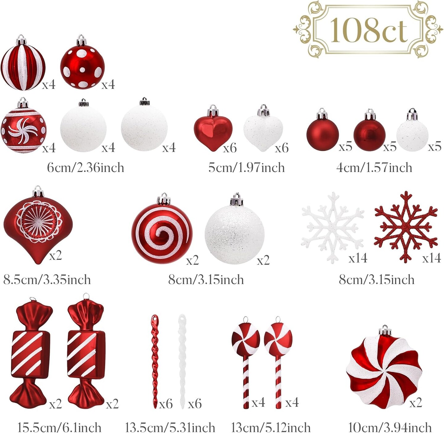Christmas Ornaments Set, 108Ct Candy Cane Red and White Shatterproof Christmas Tree Decorations Ball Ornaments Bulk, Decorative Hanging Ornaments for Xmas Trees Holiday Party Decor