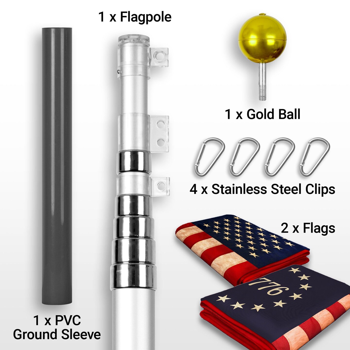 G128 Combo Pack: 25 Ft Telescoping Aluminum Flagpole (Silver) & American and Betsy Ross 1776 Tea Stained Flags 3x5 Ft, Both ToughWeave Series Embroidered Polyester | Pole with Flags Included