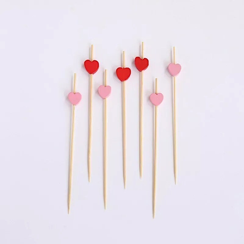 100 Natural Sustainable Bamboo Skewers Pink Red Heart Top Cocktail Picks Party