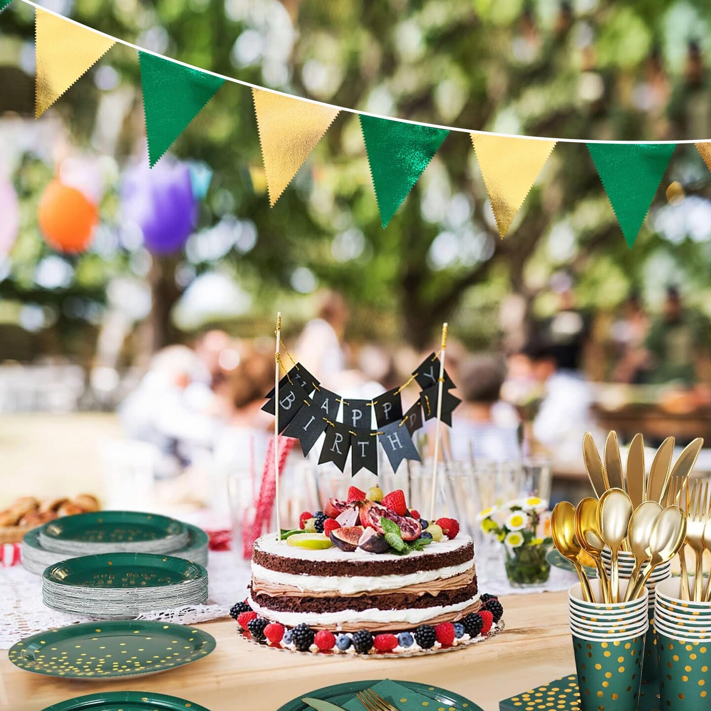 Green Gold Party Decorations Metallic Fabric Triangle Pennant Banner Flag Bunting Garland for Graduations Birthday Retirement Wedding Baby Shower Spring Summer Master Golf Theme Outdoor Party Supplies