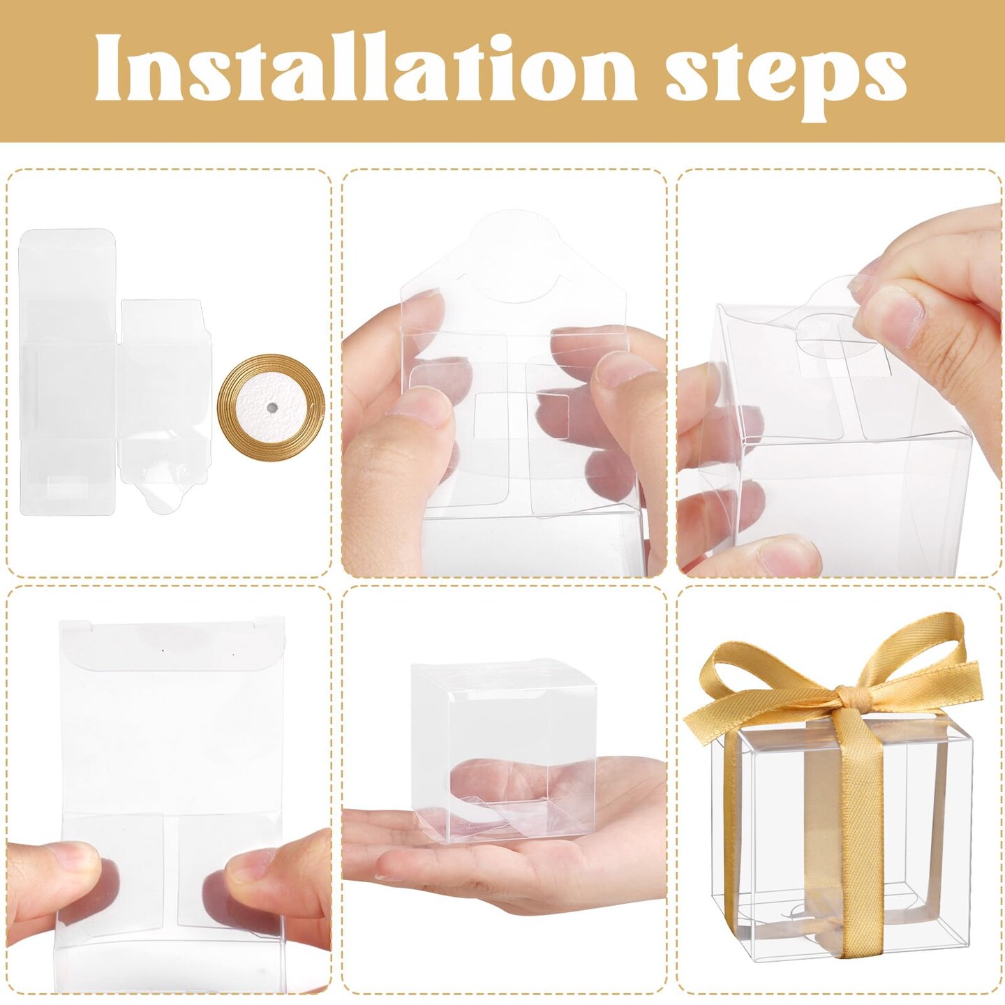 Hooqict 50pcs Favor Boxes 2x2x2 Inches Clear Gift Boxes with Ribbons Party Favor Boxes Small Plastic Candy Treat Boxes for Wedding Favors Baby Shower Birthday Classroom