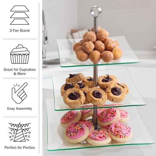 Three Tier Square Glass Buffet and Dessert Stand, 1 Pack, Clear