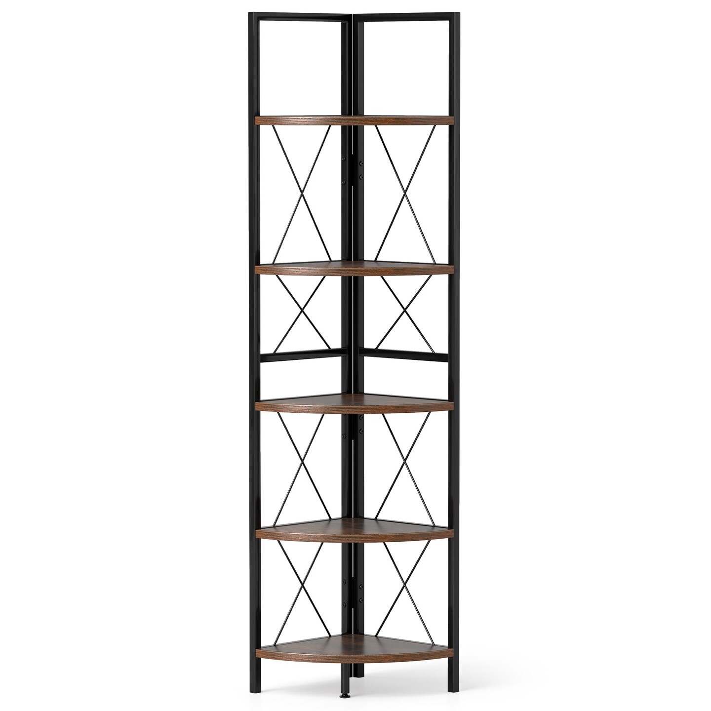 63 Inch Tall 5-Tier Freestanding Corner Storage Shelf with Heavy Duty Metal Frame and X-Shaped Brackets
