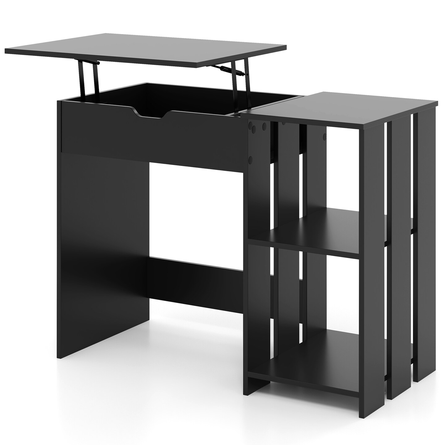 Black Space Saving Computer Desk with Hidden Compartment and Open Storage Shelves