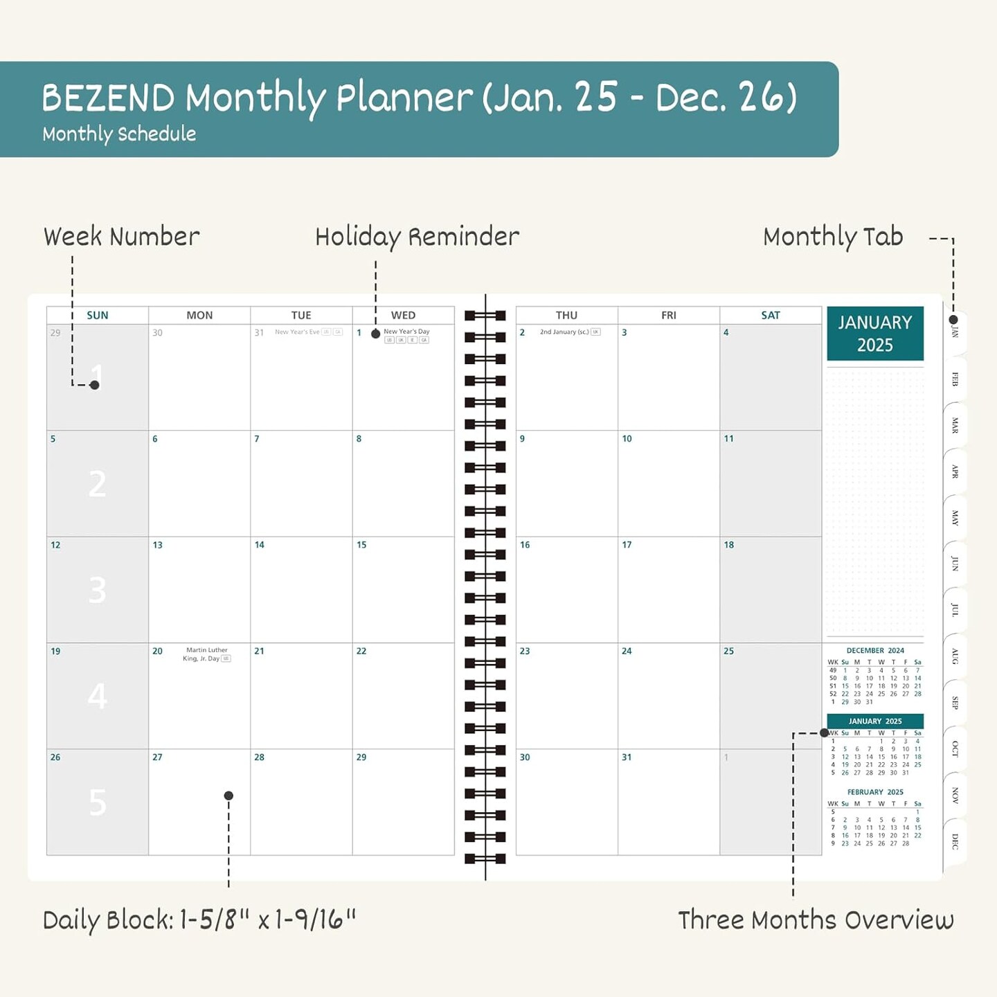 2 Year Monthly Planner 2025-2026 Medium Size 7&#x22; x 9&#x22; (Jan 2025 - Dec 2026) Spiral Calendar Book with Tabs, 120 GSM Thick Paper, Storage Pockets &#x26; Notes, PU Leather Softcover in Lavender