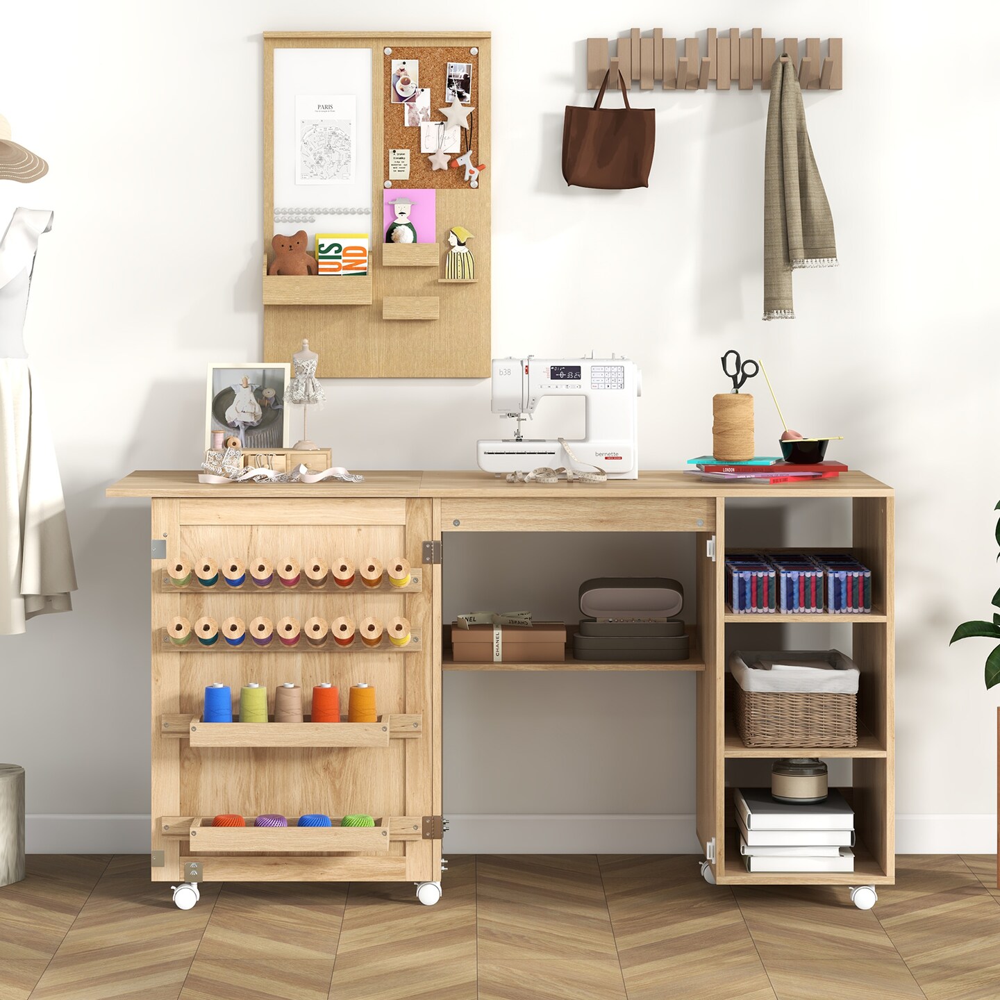 Natural Multipurpose Folding Sewing Table Craft Station with Rattan Door
