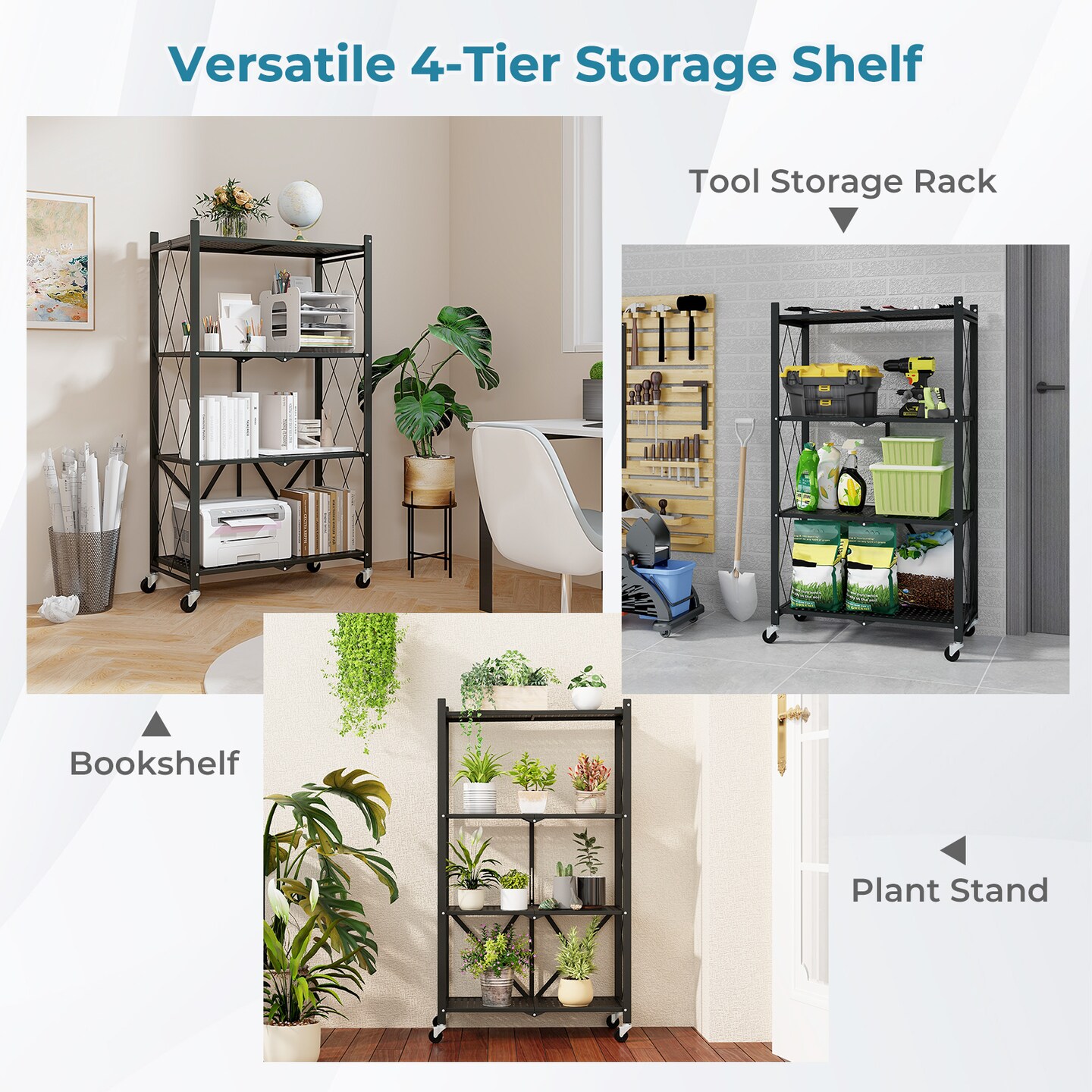 4-Tier Black Fold-able Storage Shelf Collapsible Storage Rack with Lockable Wheels