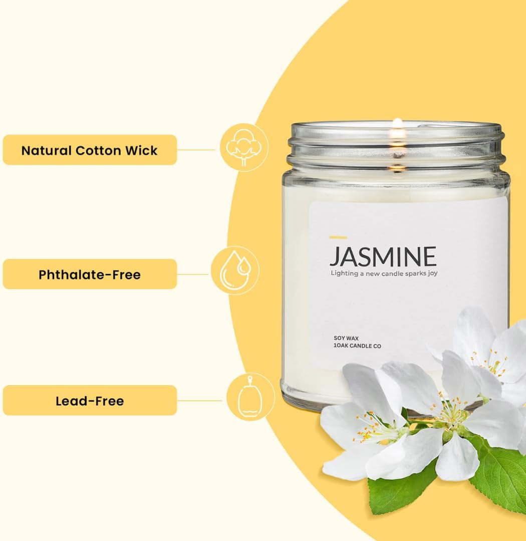Jasmine Candle - Soy Wax Scented Candles (Jasmine) - Soy Candles for Home Scented - Long Burning Premium - Hand-Poured (7oz.)