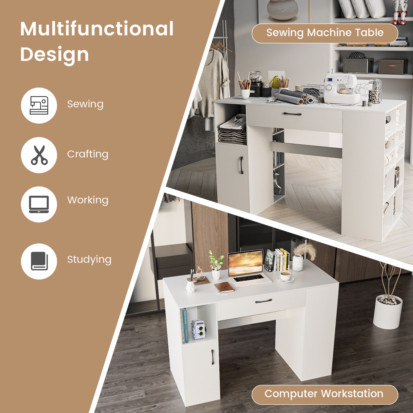 White Counter Height Sewing Craft Table, Computer Desk with Adjustable Shelves and Drawer