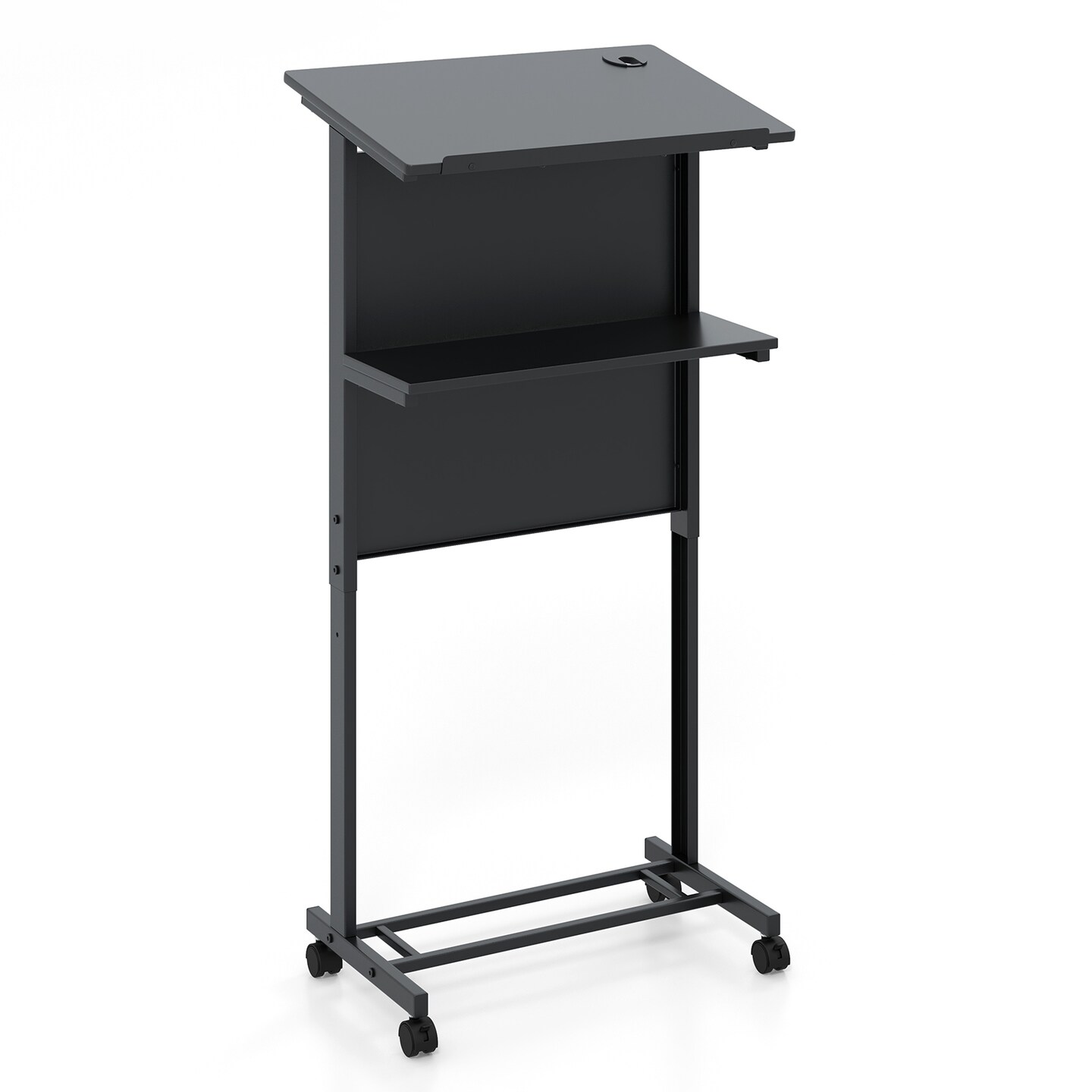 3-Position Black Height Adjustable Lectern Table with Tilted Tabletop and Built-In Cable Hole