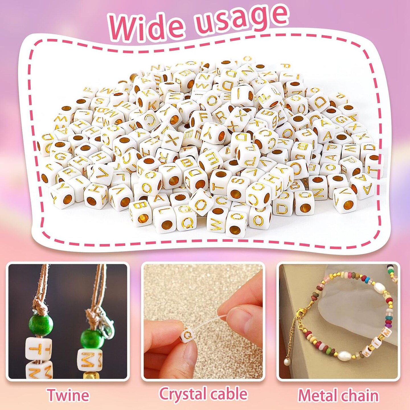 1400pcs Square Acrylic Gold Alphabet Beads A-Z Cube Letters Beads for Bracelets Necklaces Phone Lanyard Making with 1 Roll Crystal String Cord for Jewelry Making(6 m