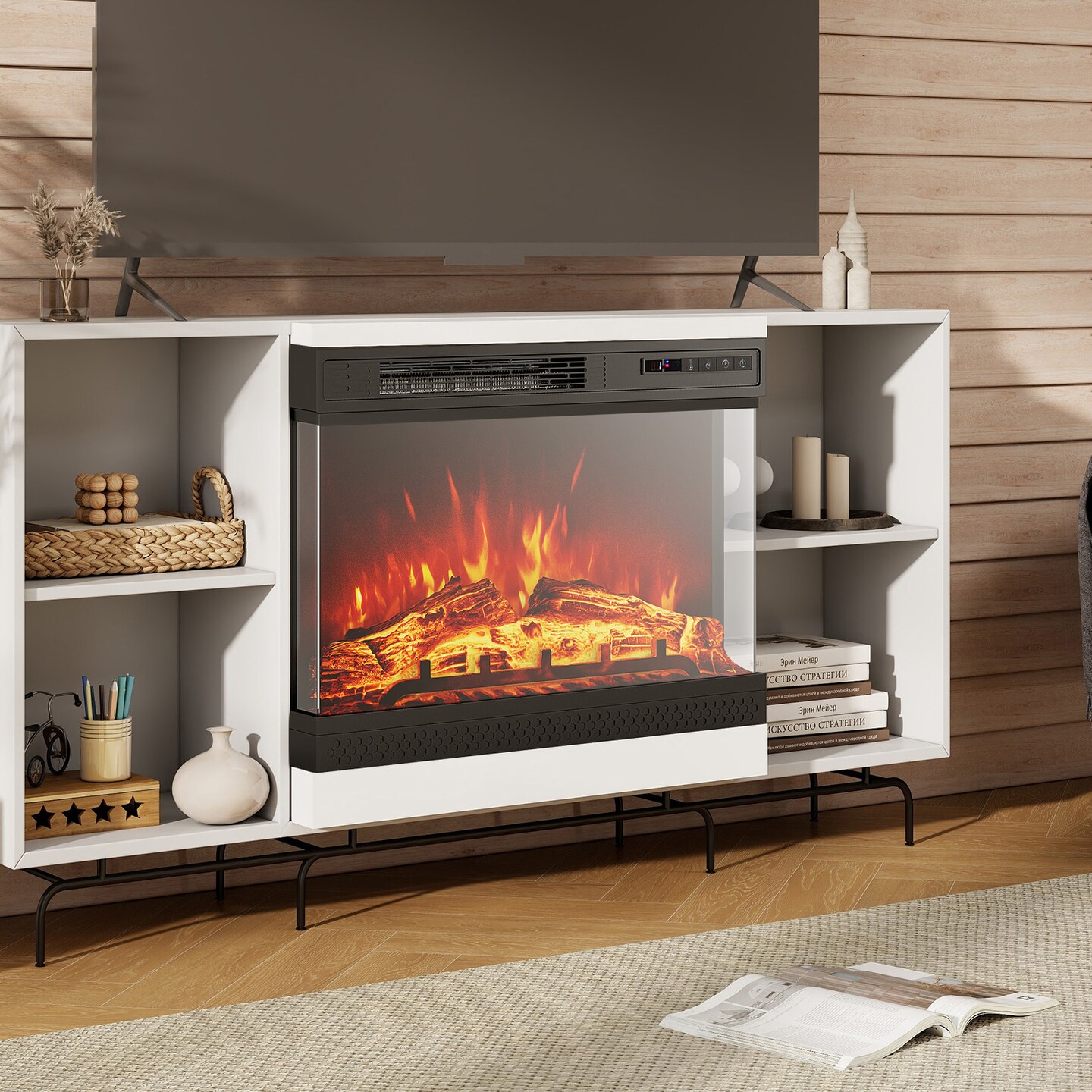 Black 24 Inches 3-Sided Glass Electric Fireplace Heater with Remote Control